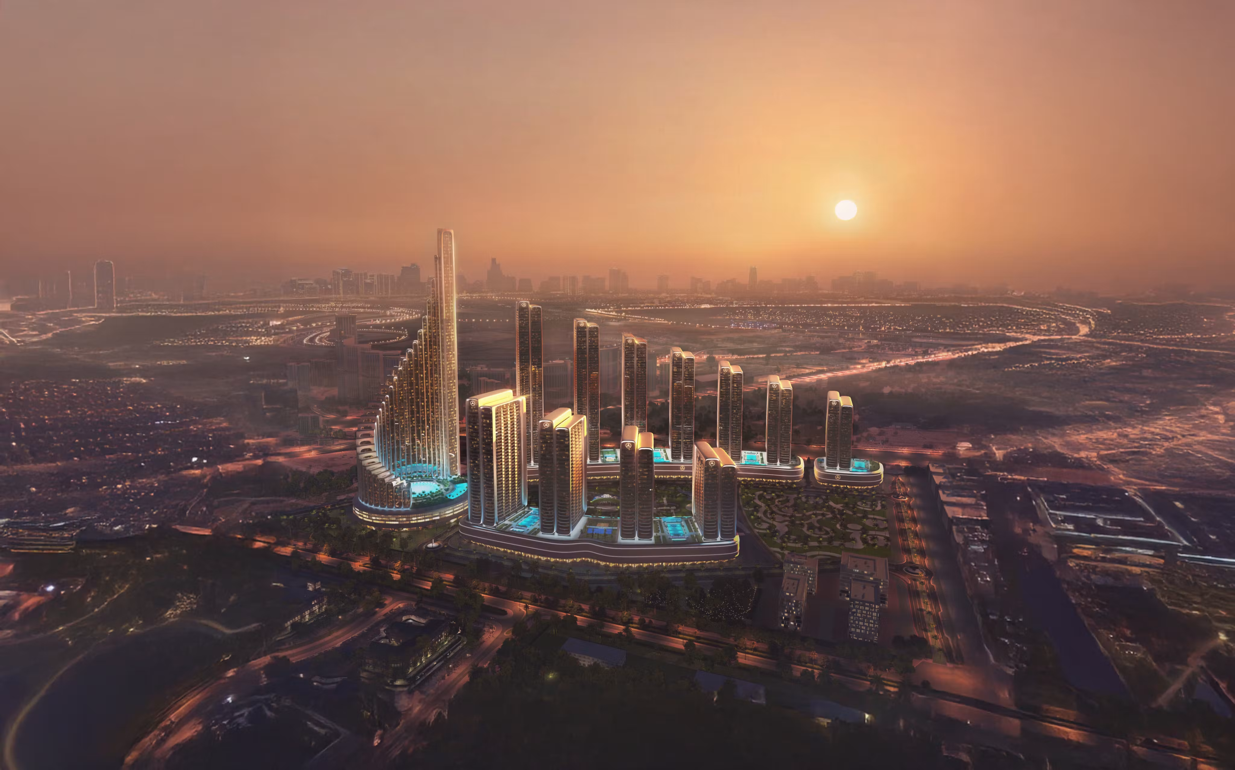 Mercedes-Benz Places by Binghatti City at sunset